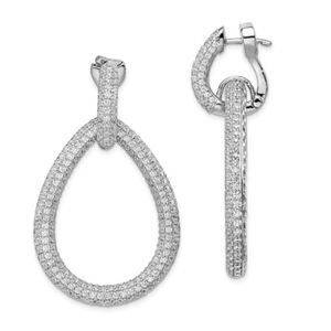 Sterling Silver Rhodium-plated 716 Stone Pavé CZ Hinged Teardrop Hoop Earrings